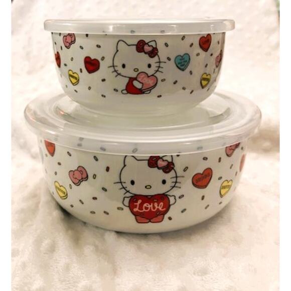 Hello Kitty Love Hearts & Bows Microwave Bowls w/Vented Lids (Small, Large)-NEW - Picture 1 of 10